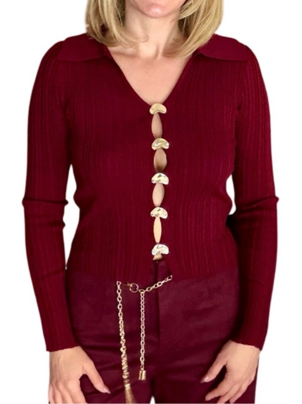 Ribbed Deep Red Button-Up Cardigan with Gold Buttons, L NWT